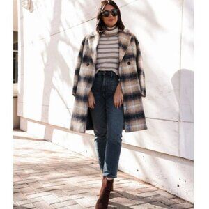 MADEWELL Courton Cocoon Plaid Wool Coat Sz L Warm Hickory Midi Beige Navy Cream